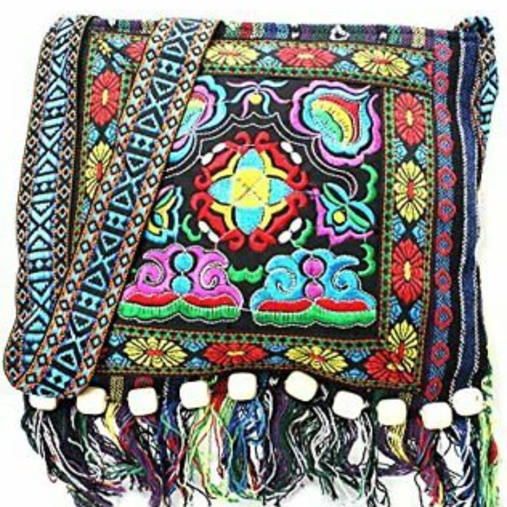 Vintage Hippie Sling Crossbody Embroidered Tassel Bag-  BLUE - NWT